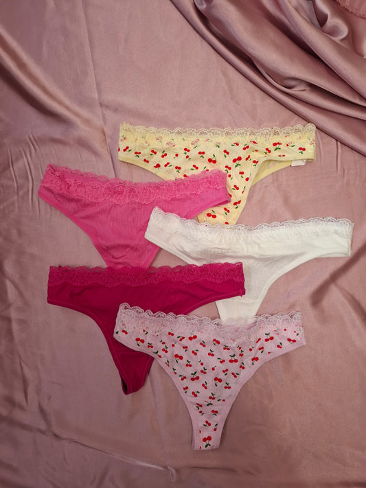 Pack x5 Tanga de Algodón y Encaje – Estampado Cereza y Colores Surtidos