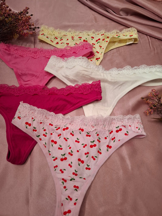 Pack x5 Tanga de Algodón y Encaje – Estampado Cereza y Colores Surtidos